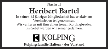 Traueranzeige von Heribert Bartel von Ruhr Nachrichten und Halterner Zeitung