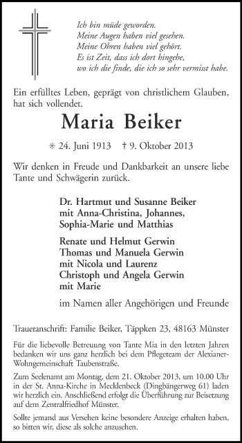 Traueranzeige von Maria Beiker von Münstersche Zeitung und Grevener Zeitung