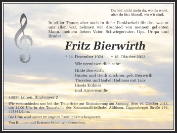 Traueranzeige von Fritz Bierwirth von Ruhr Nachrichten