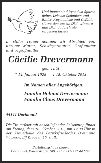 Traueranzeige von Cäcilie Drevermann von Ruhr Nachrichten