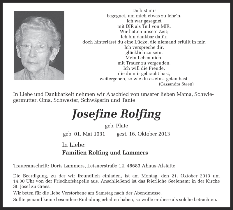 Traueranzeige für Josefine Rolfing vom 18.10.2013 aus Münstersche Zeitung und Münsterland Zeitung
