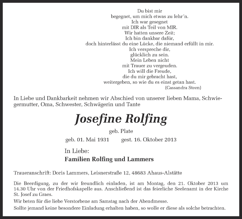  Traueranzeige für Josefine Rolfing vom 19.10.2013 aus 