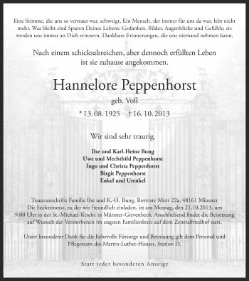 Traueranzeige von Hannelore Peppenhorst von Münstersche Zeitung und Grevener Zeitung