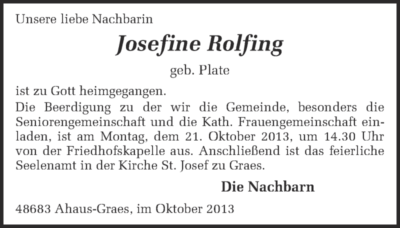  Traueranzeige für Josefine Rolfing vom 19.10.2013 aus Münstersche Zeitung und Münsterland Zeitung