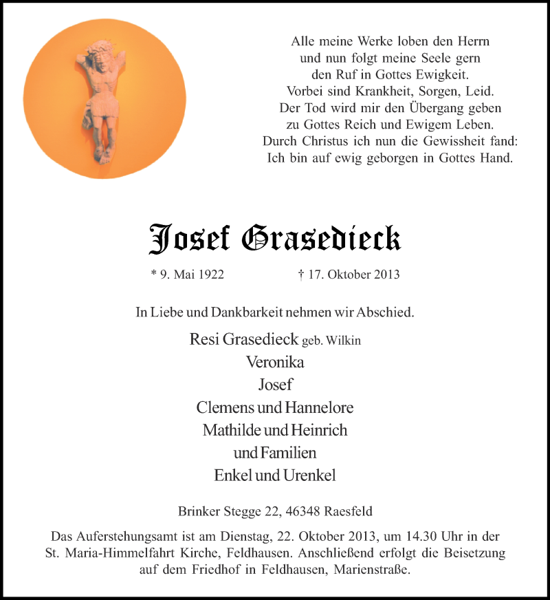  Traueranzeige für Josef Grasedieck vom 19.10.2013 aus Ruhr Nachrichten und Dorstener Zeitung