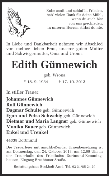 Traueranzeige von Edith Günnewich von Ruhr Nachrichten