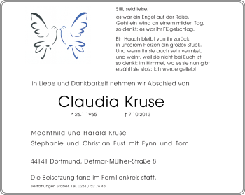 Traueranzeige von Claudia Kruse von Ruhr Nachrichten