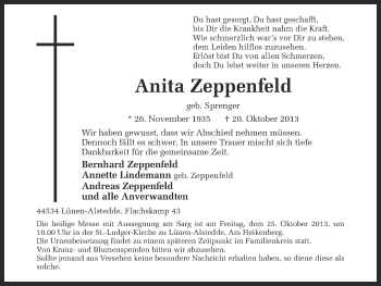 Traueranzeige von Anita Zeppenfeld von Ruhr Nachrichten