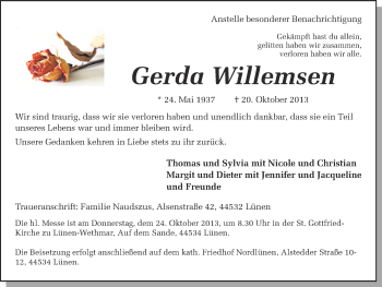 Traueranzeige von Gerda Willemsen von Ruhr Nachrichten