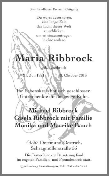 Traueranzeige von Maria Ribbrock von Ruhr Nachrichten