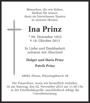Traueranzeige von Ina Prinz von Münstersche Zeitung und Münsterland Zeitung