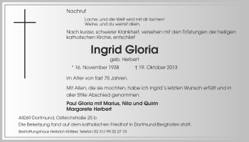 Traueranzeige von Ingrid Gloria von Ruhr Nachrichten