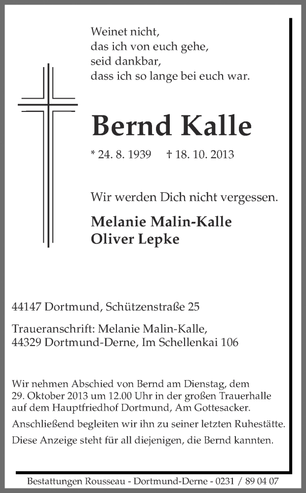  Traueranzeige für Bernd Kalle vom 24.10.2013 aus Ruhr Nachrichten