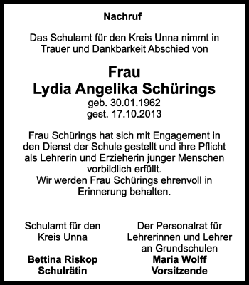 Traueranzeige von Lydia Angelika Schürings von Ruhr Nachrichten