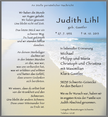 Traueranzeige von Judith Lihl von Ruhr Nachrichten