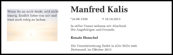 Traueranzeige von Manfred Kalis von Ruhr Nachrichten