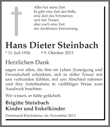 Traueranzeige von Hans Dieter Steinbach von Ruhr Nachrichten