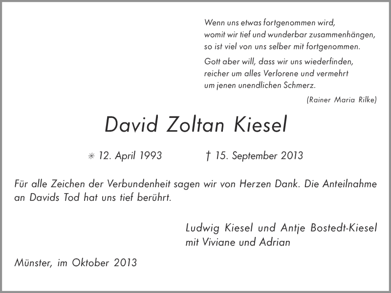  Traueranzeige für David Zoltan Kiesel vom 02.11.2013 aus Münstersche Zeitung und Grevener Zeitung