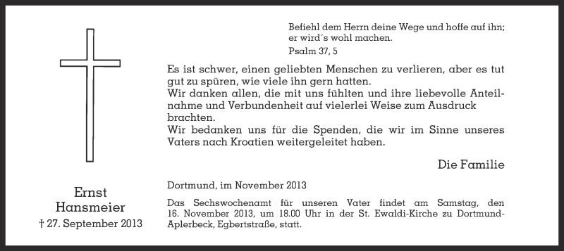  Traueranzeige für Ernst Hansmeier vom 09.11.2013 aus Ruhr Nachrichten