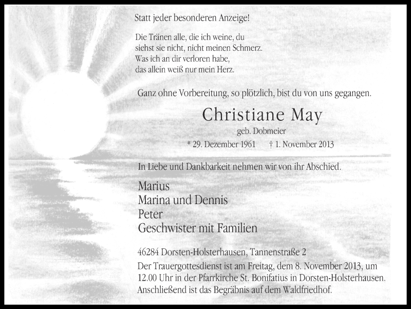  Traueranzeige für Christiane May vom 05.11.2013 aus Ruhr Nachrichten und Dorstener Zeitung