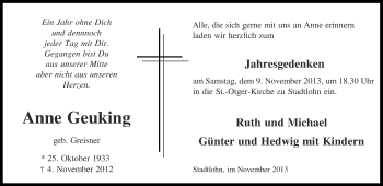 Traueranzeige von Anna Geuking von Münstersche Zeitung und Münsterland Zeitung