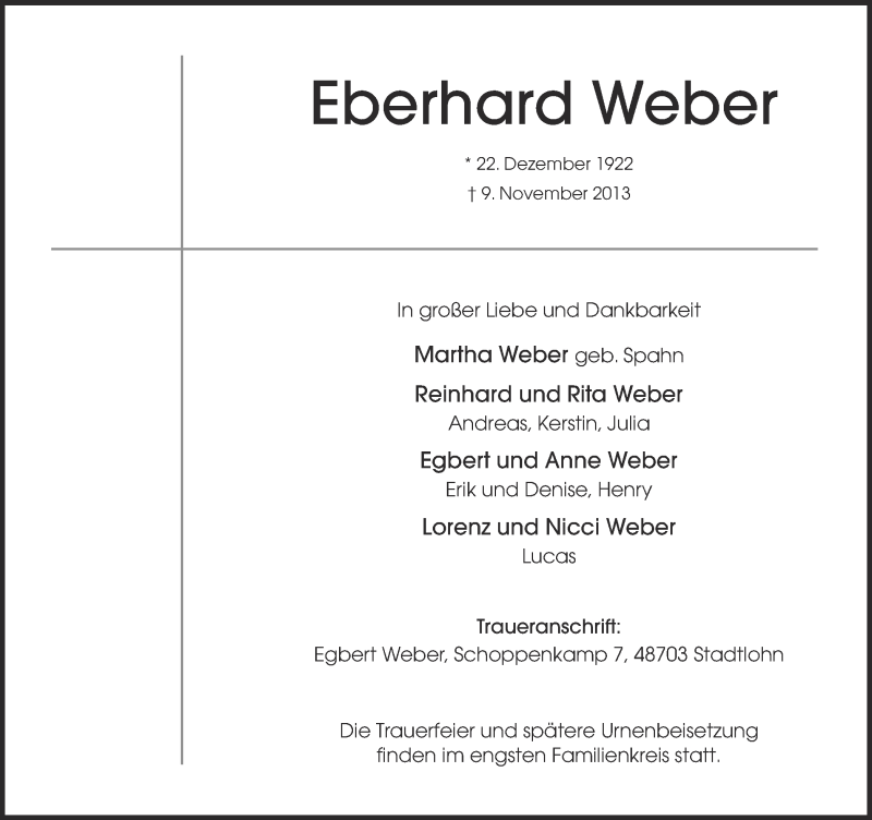  Traueranzeige für Eberhard Weber vom 12.11.2013 aus Münstersche Zeitung und Münsterland Zeitung