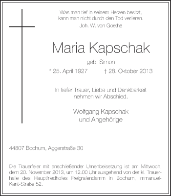 Traueranzeige von Maria Kapschak von Ruhr Nachrichten