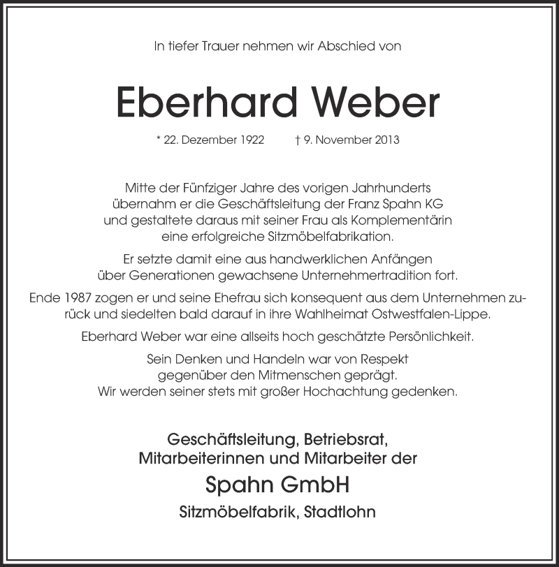  Traueranzeige für Eberhard Weber vom 12.11.2013 aus Münstersche Zeitung und Münsterland Zeitung