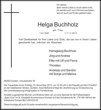 Traueranzeige von Helga Buchholz von Ruhr Nachrichten und Dorstener Zeitung