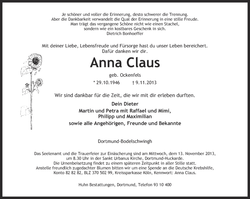  Traueranzeige für Anna Claus vom 12.11.2013 aus Ruhr Nachrichten