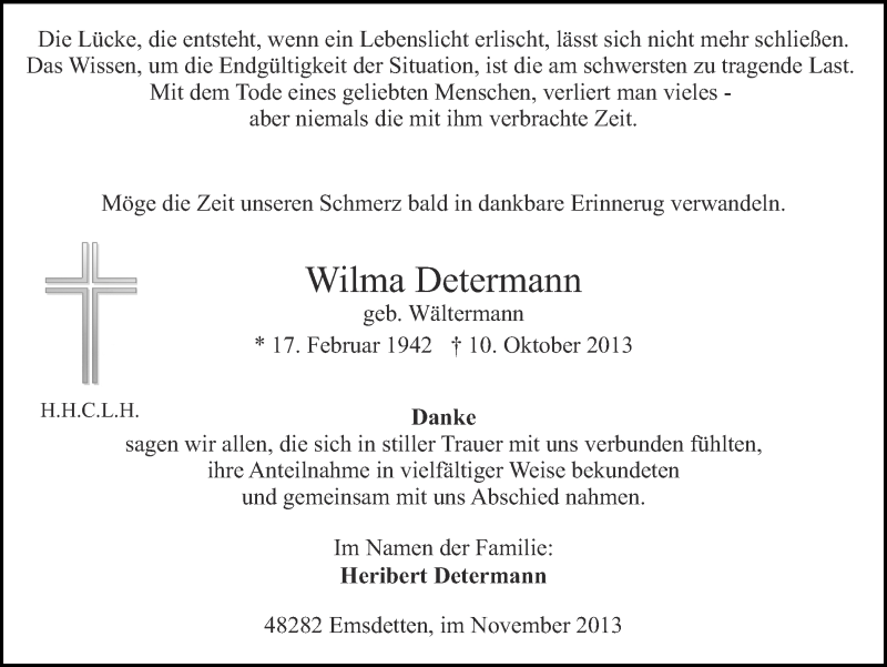  Traueranzeige für Wilma Determann vom 14.11.2013 aus 