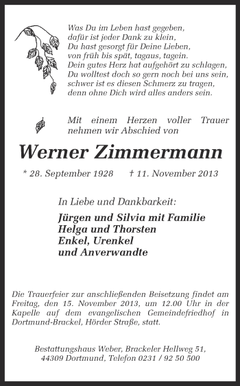 Traueranzeige von Werner Zimmermann von Ruhr Nachrichten
