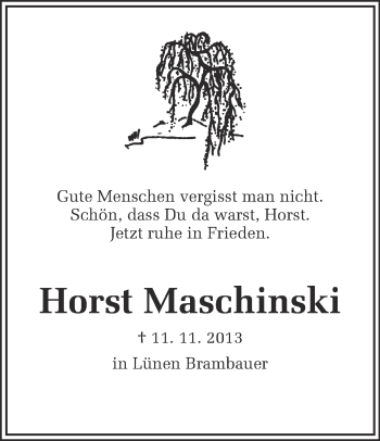 Traueranzeige von Horst Maschinski von Ruhr Nachrichten
