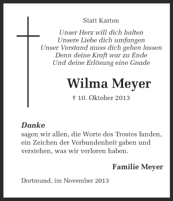 Traueranzeige von Wilma Meyer von Ruhr Nachrichten