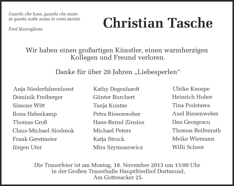  Traueranzeige für Christian Tasche vom 13.11.2013 aus Ruhr Nachrichten