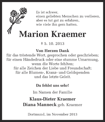 Traueranzeige von Marion Kramer von Ruhr Nachrichten