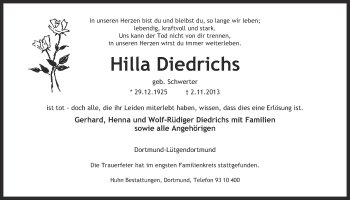 Traueranzeige von Hilla Diedrichs von Ruhr Nachrichten