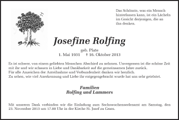 Traueranzeige von Josefine Rolfing von Münstersche Zeitung und Münsterland Zeitung