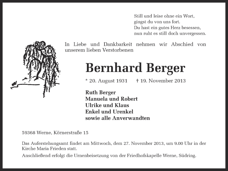  Traueranzeige für Bernhard Berger vom 22.11.2013 aus Ruhr Nachrichten