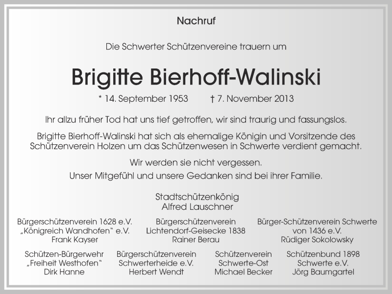  Traueranzeige für Brigitte Bierhoff-Walinski vom 23.11.2013 aus Ruhr Nachrichten
