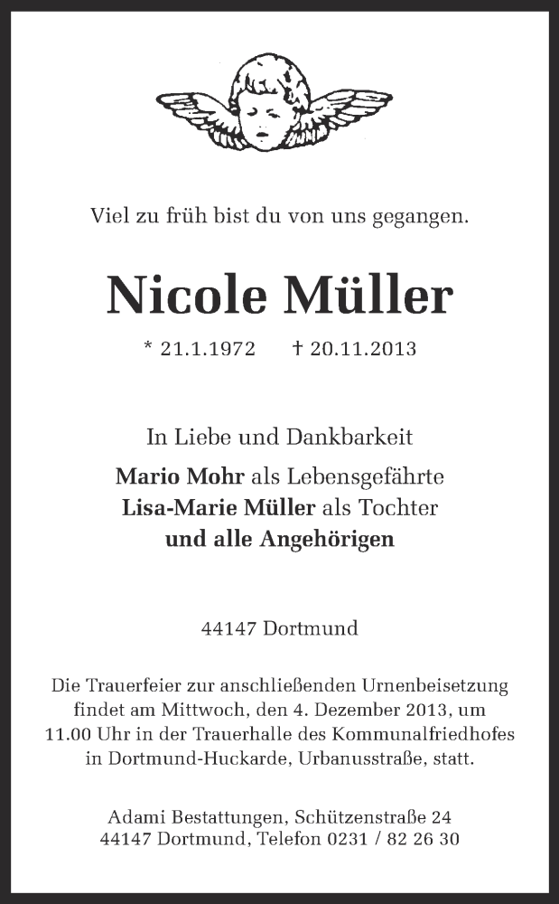  Traueranzeige für Nicole Müller vom 23.11.2013 aus Ruhr Nachrichten