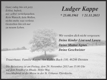 Traueranzeige von Ludger Kappe von Ruhr Nachrichten und Dorstener Zeitung