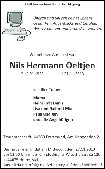 Traueranzeige von Nils Hermann Oeltjen von Ruhr Nachrichten