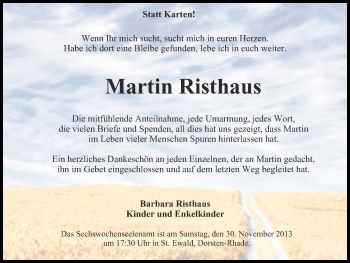 Traueranzeige von Martin Risthaus von Ruhr Nachrichten und Dorstener Zeitung