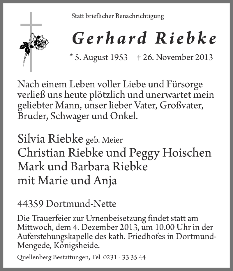  Traueranzeige für Gerhard Riebke vom 28.11.2013 aus Ruhr Nachrichten