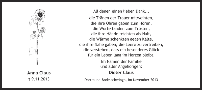 Traueranzeige für Anna Claus vom 30.11.2013 aus Ruhr Nachrichten