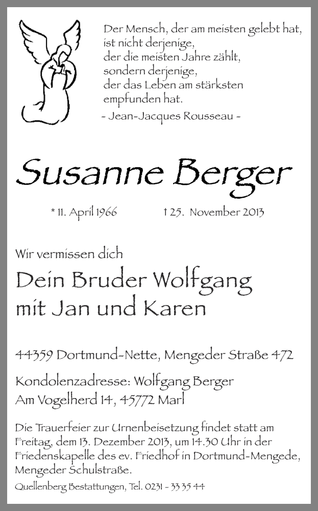  Traueranzeige für Susanne Berger vom 04.12.2013 aus Ruhr Nachrichten