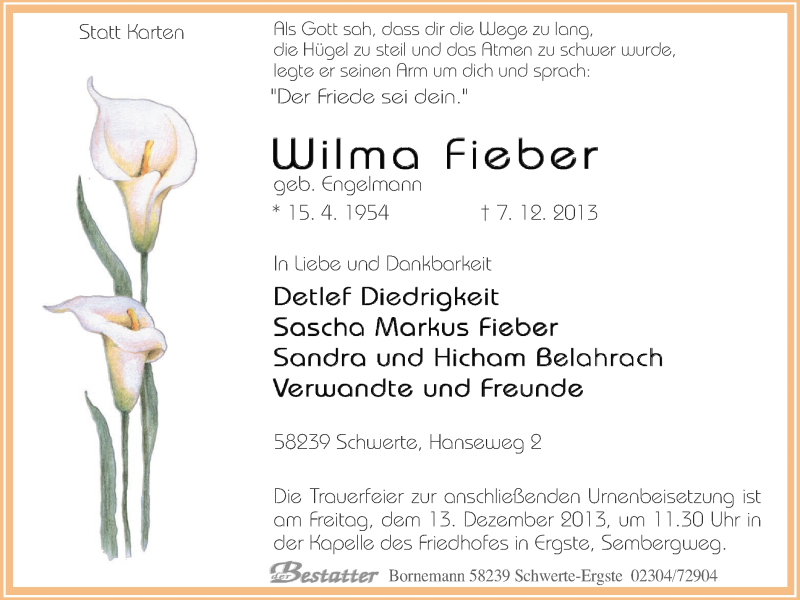  Traueranzeige für Wilma Fieber vom 10.12.2013 aus Ruhr Nachrichten