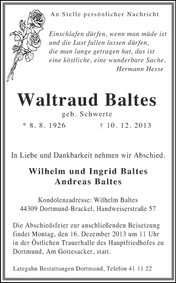 Traueranzeige von Waltraud Baltes von Ruhr Nachrichten