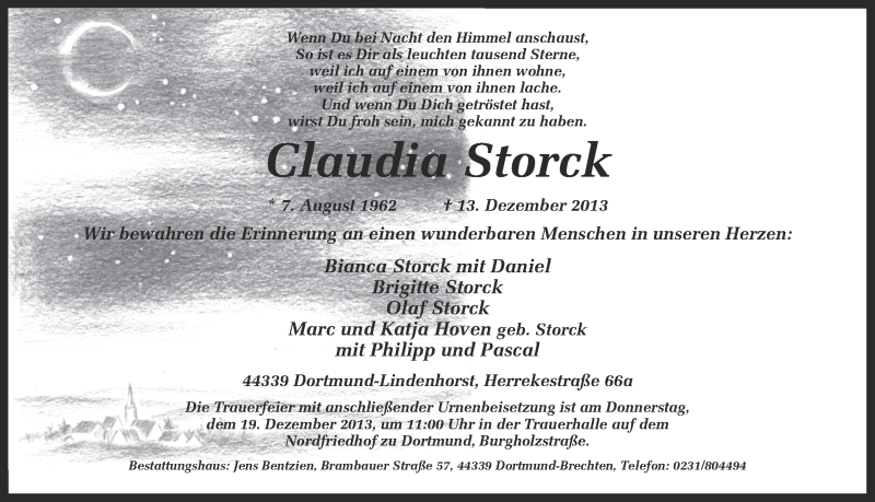  Traueranzeige für Claudia Storck vom 17.12.2013 aus Ruhr Nachrichten